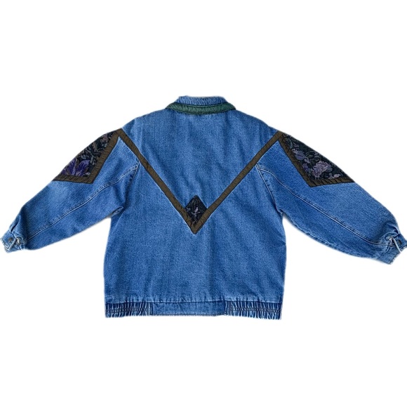 Vintage 80s 90s Current Seen Patchwork Floral Tapestry Blue Denim Jean Jacket - Picture 2 of 15